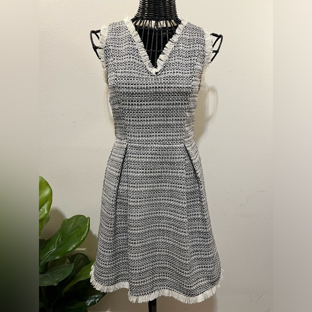 Tweed Vneck Short Sleeve Fit and Flare Mini Dress